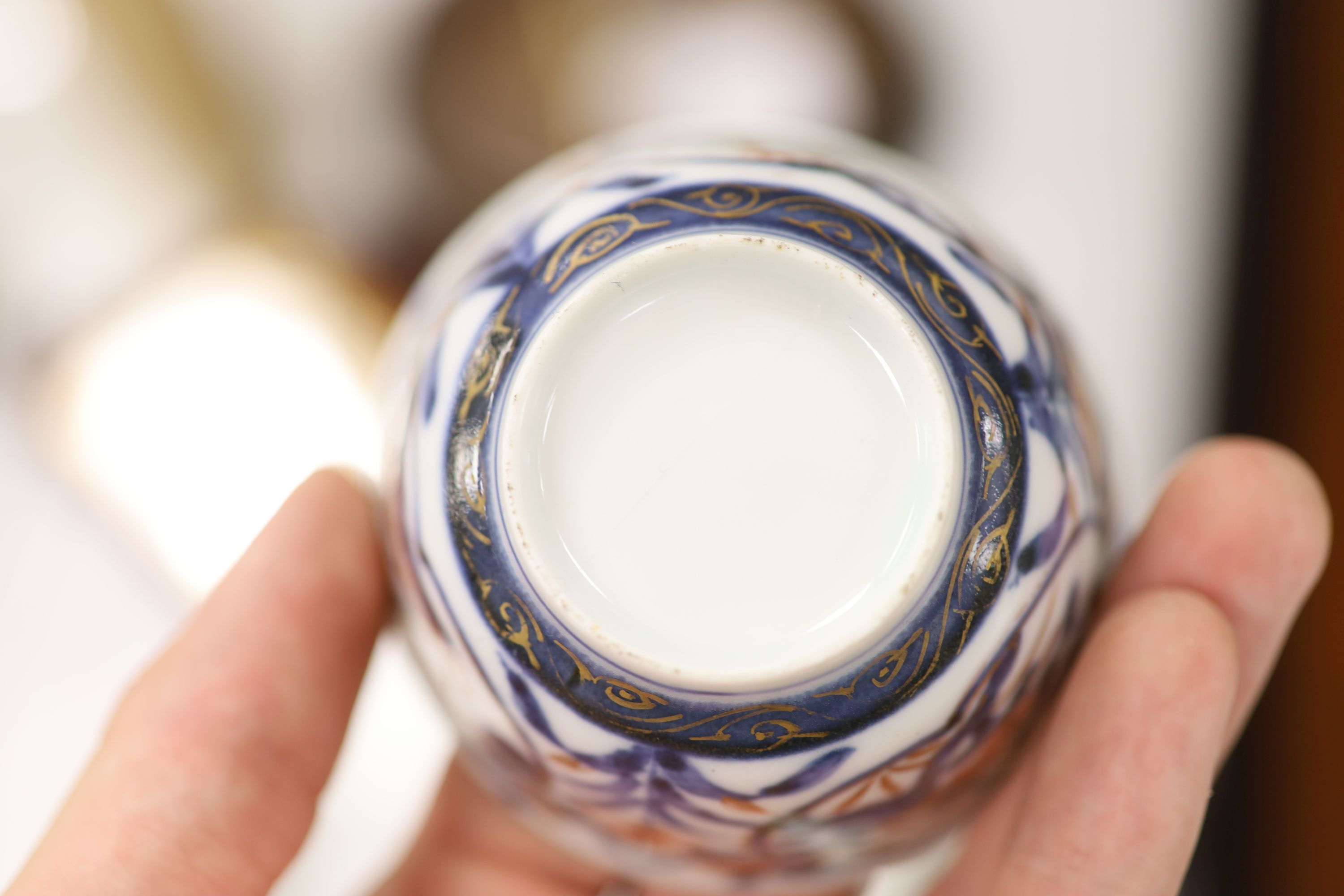 Three 18th century Chinese famille rose or Imari tea bowls together with five saucers